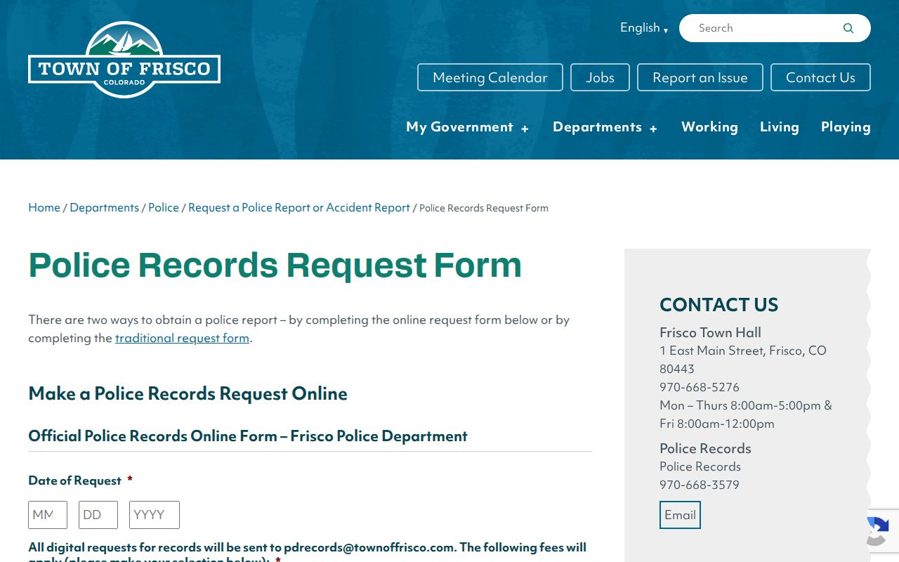 Frisco Police records request form for Frisco arrest reports